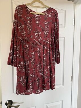 Wallflower Burgundy Floral Long Sleeve Babydoll Dress